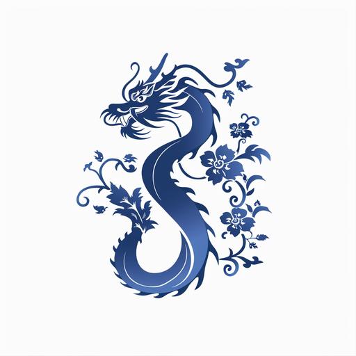 logo design, flat vector graphic of an elegant blue dragon with blue floral pattern on a white background, using simple shapes in a minimalistic style with a blue and white color palette, elegant and sophisticated in the style of traditional Chinese art --v 6.0