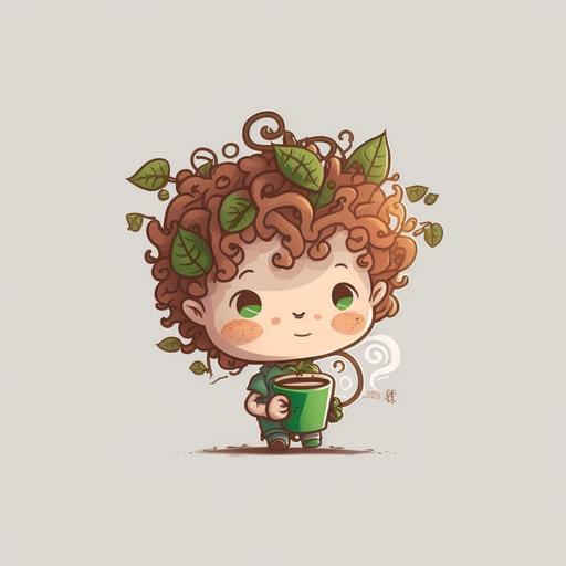logo design, simple, baby boy with curly hair, cute pink cheeks, holding a cup of curly fries, with two green young leaf growing out from his head