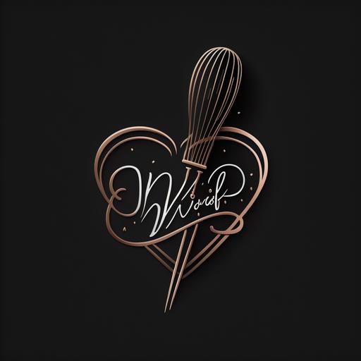 logo design with wisk and heart, cursive classic, minimalist, black background, rosegold, --v 4