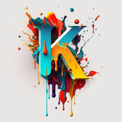 logo featuring a combination of typography and graphic design elements. 'K' typography, vertical layout, vibrant bright colours, melting typography design. small related graphics around logo.