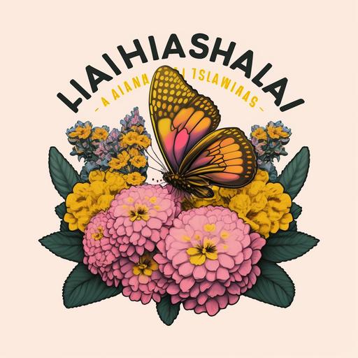 logo flowers shop, yellow and pink lantana, with butterfly, in street. Logo name is Lantana Flower