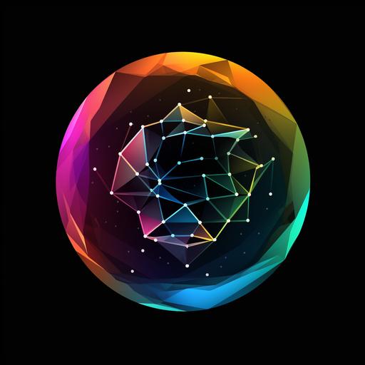 logo for a startup, fintech style logo, vortex graphic in polygonal vector, iridescent, colorful, geometric line, crystals, circular, tokenised, black background