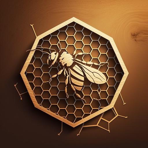logo for small bee moving along way in hexagon hive, wood color background--v4