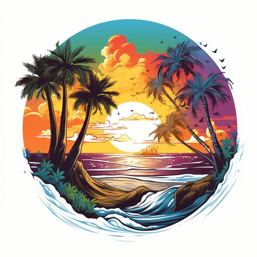 logo for tshirt, yggdrasil, sandy beach, surfers, palm trees, vivid colors,anime style, white background