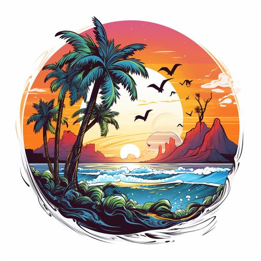 logo for tshirt, yggdrasil, sandy beach, surfers, palm trees, vivid colors,anime style, white background