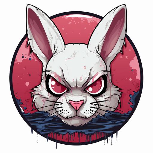 logo in circle, angry looking blind rabbit with eye’s crossed out, cross inside of eyes, cartoon characters, fat outlined, sticker design, white background