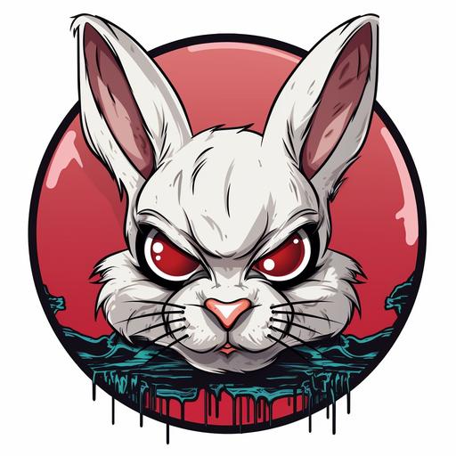logo in circle for tattoo shop, angry looking blind rabbit with eye’s crossed out, cross inside of eyes, cartoon characters, fat outlined, sticker design, white background