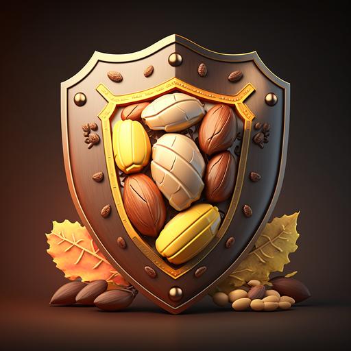 logo in the shape of a shield with details of cocoa fruit, peanuts, nuts, colors yellow, brown, orange and cream, 2D,Cinematic lighting, Unreal Engine 5, Cinematic,elegant, hyper realistic, super detailed, dynamic pose, centered, photography --v 4