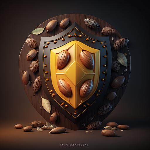 logo in the shape of a shield with details of cocoa fruit, peanuts, nuts, colors yellow, brown, orange and cream, 2D,Cinematic lighting, Unreal Engine 5, Cinematic,elegant, hyper realistic, super detailed, dynamic pose, centered, photography --v 4