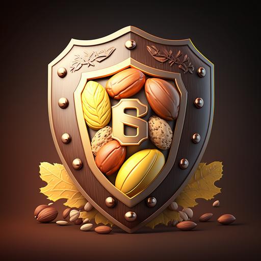 logo in the shape of a shield with details of cocoa fruit, peanuts, nuts, colors yellow, brown, orange and cream, 2D,Cinematic lighting, Unreal Engine 5, Cinematic,elegant, hyper realistic, super detailed, dynamic pose, centered, photography --v 4