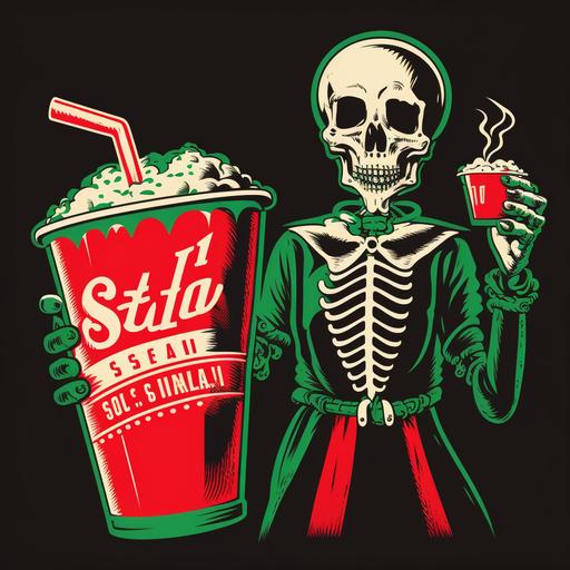 logo in the style of salty crew. Stencil art of a skeleton in a vintage red and black movie theater usher uniform at a movie theater behind a concession stand. the skeleton is holding a cup that is filled with a green slushy. the picture is from a close up with a wide angle.