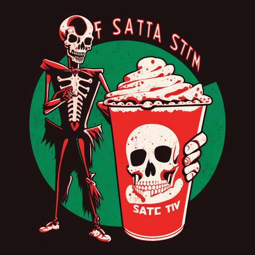 logo in the style of salty crew. Stencil art of a skeleton in a vintage red and black movie theater usher uniform at a movie theater behind a concession stand. the skeleton is holding a cup that is filled with a green slushy. the picture is from a close up with a wide angle.