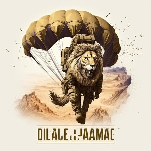 logo militaire, lion humanoïde avec un treillis militaire, un parachute ouvert au dessus du lion, des montagnes et des dunes en arrière plan
