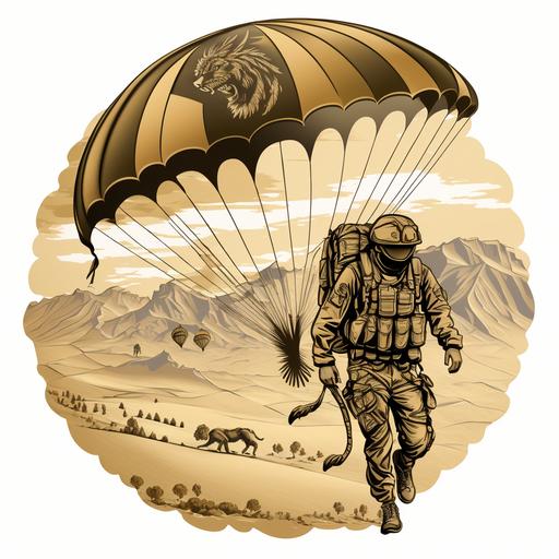 logo militaire, lion humanoïde avec un treillis militaire, un parachute ouvert au dessus du lion, des montagnes et des dunes en arrière plan