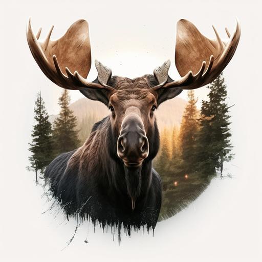 logo moose facing camera, long t-shaped horn, background