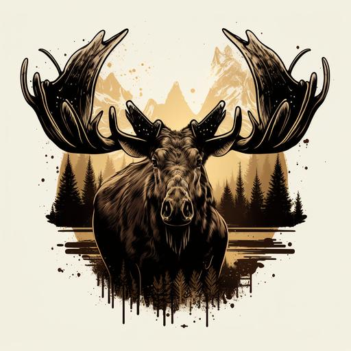 logo moose facing camera, long t-shaped horn, background