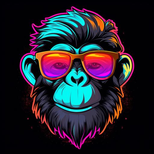 logo of a cartoon monkey with sunglasses, bright bold colors, bold lineart, black background, round logo, bright bold colors
