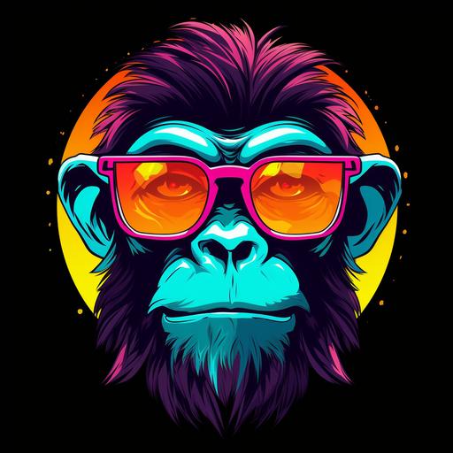 logo of a cartoon monkey with sunglasses, bright bold colors, bold lineart, black background, round logo, bright bold colors