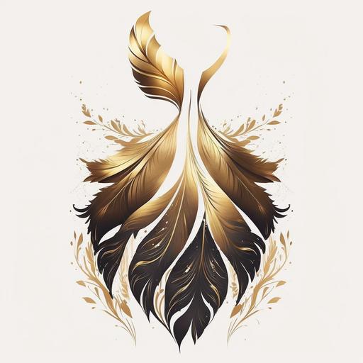 logo of a company called feather boutique. The logo should be an outline of a dress made of feather. Should contain more gold colour.