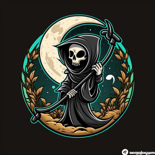 logo of a cute cartoon of the grim reaper waist up with scythe inside a moon circle