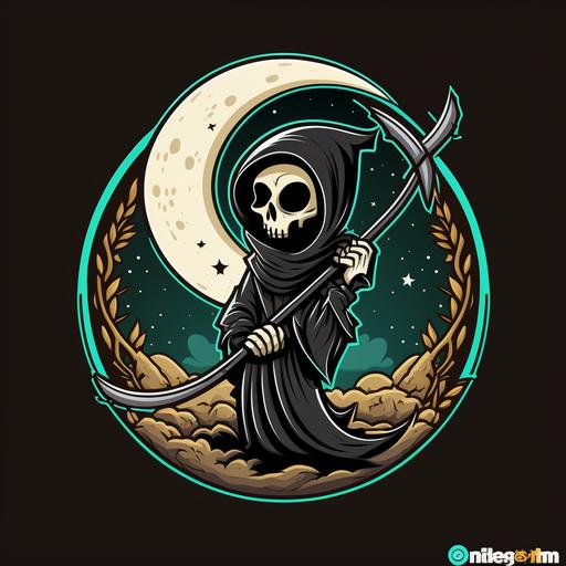 logo of a cute cartoon of the grim reaper waist up with scythe inside a moon circle