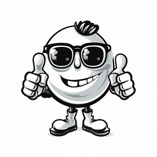 logo of a groovy ball character with attitude wearing sunglasses giving thumbs up. Simple cartoon style with thick lines in black and white ink.