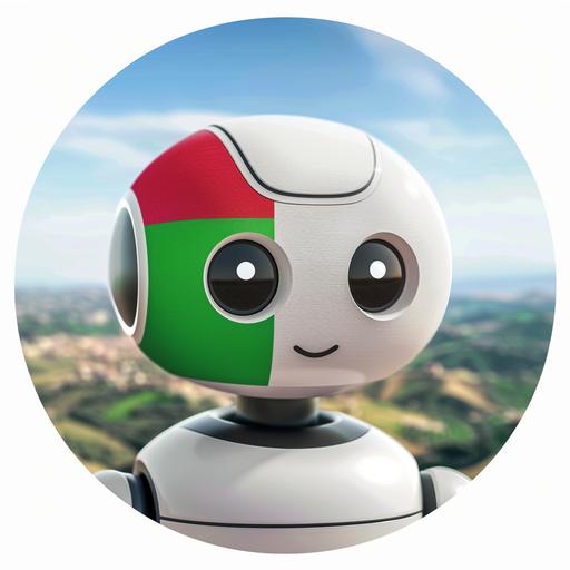 logo of a nice and friendly looking chatbot with the Italian flag (green, white and red) and in the background an Italian country