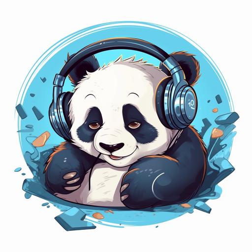 logo of cute panda falling asleep with headphones on, vector image of panda dozing off with headphones in ears, sleepy panda listening to music, cute panda with headphones on falling asleep in bed