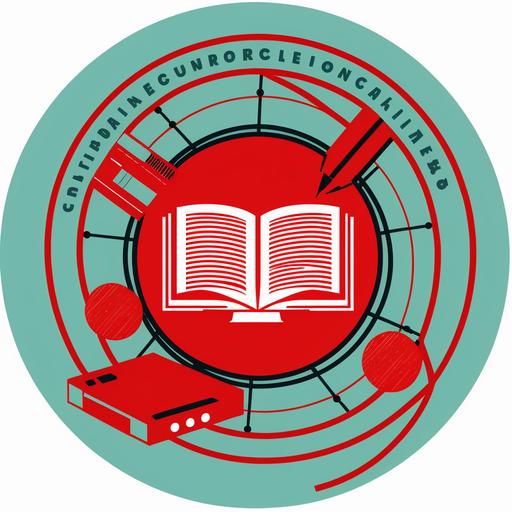 logo of the College of Literature and Journalism Communication, with books and pens knowledge and network composition, red circle,