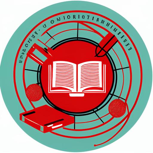 logo of the College of Literature and Journalism Communication, with books and pens knowledge and network composition, red circle,