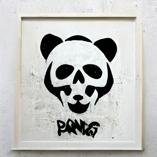 logo, panda gang, death panda bear skull, print, stencil graffiti, white on black, Banksy style
