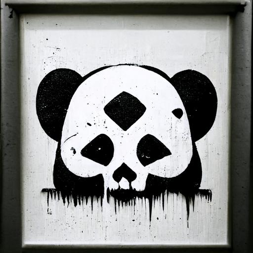 logo, panda gang, death panda bear skull, print, stencil graffiti, white on black, Banksy style
