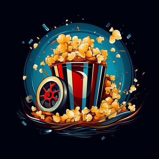 logo, popcorn, movie reel, vibrant, eye-catching, cinema, movies, film strip