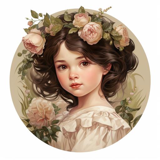 logo, renaissance painting style, little girl in a white and pink roses wreath and olive leaves, That Little girl had dark brown hair, dark brown eyes, Little girl, Wearing a vintage style yellow-white dress, mini pink carnation flowers and a little green leaves on top of her head,Her eyes were big and bright and gentle, She is smileing slightly, She has a cute pink puffy cheek, She has shoulder-length hair wave, Slightly tilted and facing angle