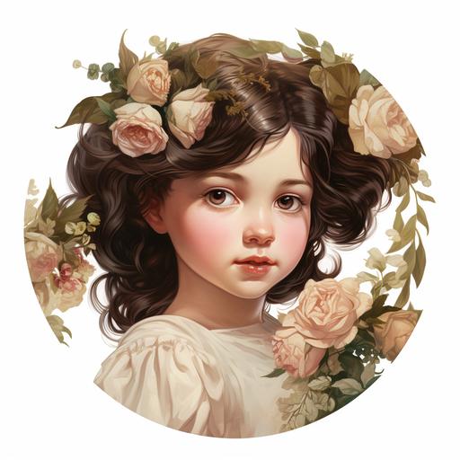 logo, renaissance painting style, little girl in a white and pink roses wreath and olive leaves, That Little girl had dark brown hair, dark brown eyes, Little girl, Wearing a vintage style yellow-white dress, mini pink carnation flowers and a little green leaves on top of her head,Her eyes were big and bright and gentle, She is smileing slightly, She has a cute pink puffy cheek, She has shoulder-length hair wave, Slightly tilted and facing angle