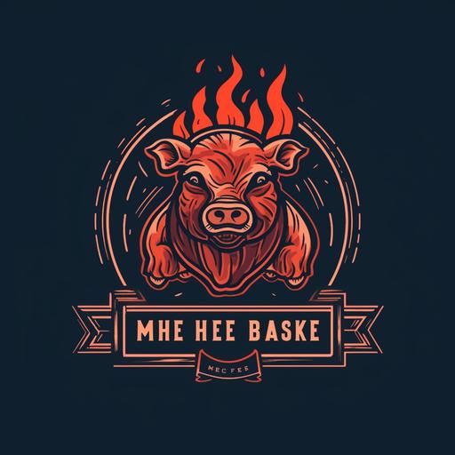 logo to meat house specializing in barbecue, minimalist, detailed. Put 2 kines and flames