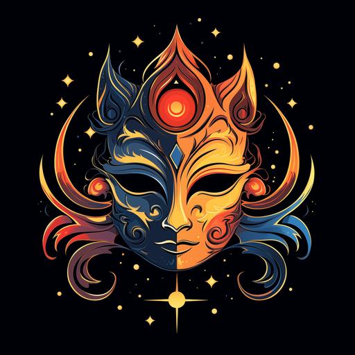 logo vector art mask jester, half of mask comedy Thalia human masculine face with sun fire and flames, other half tragedy Melpomene femminine cat mask with cat ear and whiskers celestial night stars and moon clouds