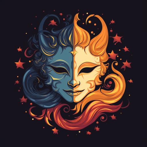 logo vector art mask jester, half of mask comedy Thalia human masculine face with sun fire and flames smiling, other half tragedy Melpomene femminine cat mask with cat ear and whiskers celestial night stars and moon clouds sad