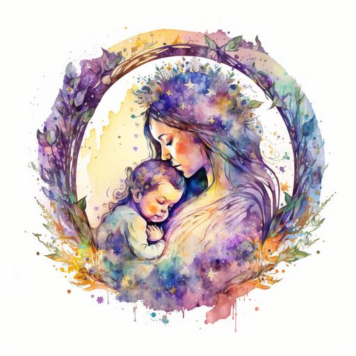 logo watercolor, colorful, being sensitive, Purple, lilac, golden-yellow, green, blue, champagne, brown color, healing power, a mother with her newborn child, illustration --v 4 --q 1 --s 100 --v 4