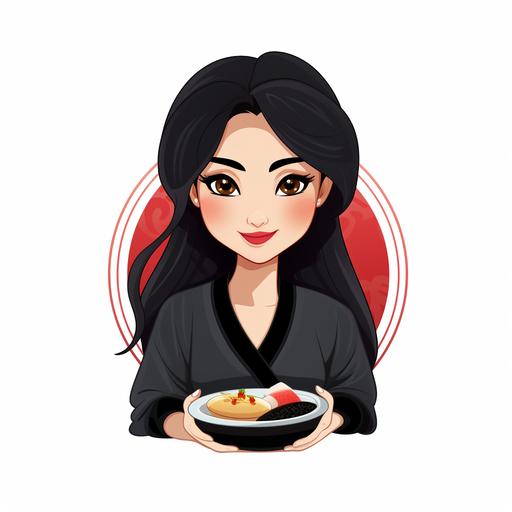 logo, white background, middle aged Asian women, long black hair, wide jaw, big eyes, squared image, cartoon, minimal style, Asian cuisine