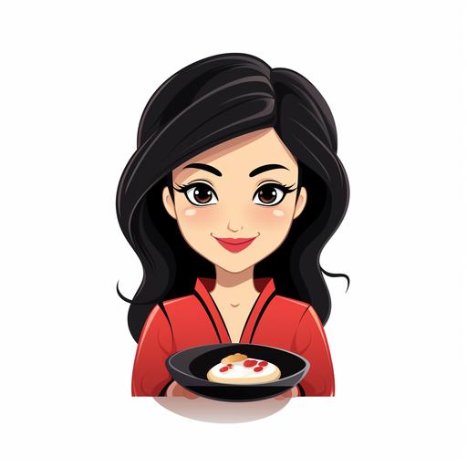 logo, white background, middle aged Asian women, long black hair, wide jaw, big eyes, squared image, cartoon, minimal style, Asian cuisine
