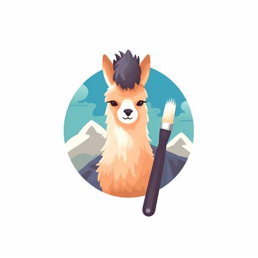logo with a baby llama holding a paint brush; flat style, 2d, minimalistic