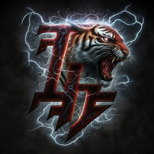 logo with letters T.F redtiger in font ice lightning around back