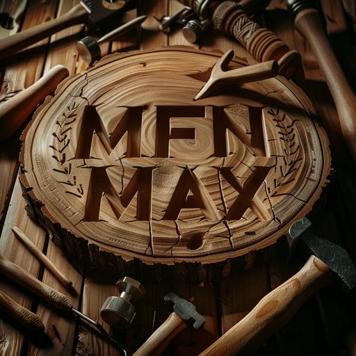 logo with the inscription MFN MAX on a raw board, the inscription is carved into the board which is nailed, hand saw, hammer, screw, carpentry workshop, realistic wood, wood hammer.–repeat  --v 6.0