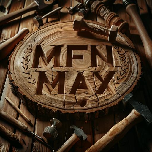 logo with the inscription MFN MAX on a raw board, the inscription is carved into the board which is nailed, hand saw, hammer, screw, carpentry workshop, realistic wood.–repeat  --v 6.0