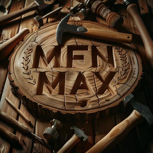 logo with the inscription MFN MAX on a raw board, the inscription is carved into the board which is nailed, hand saw, hammer, screw, carpentry workshop, realistic wood.–repeat  --v 6.0