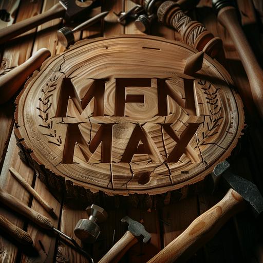 logo with the inscription MFN MAX on a raw board, the inscription is carved into the board which is nailed, hand saw, hammer, screw, carpentry workshop, realistic wood, wood hammer.–repeat  --v 6.0