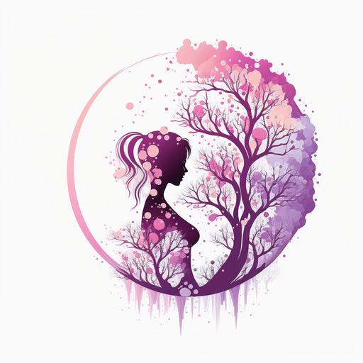 logo, woman, pregnant, silhouette, white background, a circle pink and lilac, pastel colors, minimalism, tree referring health