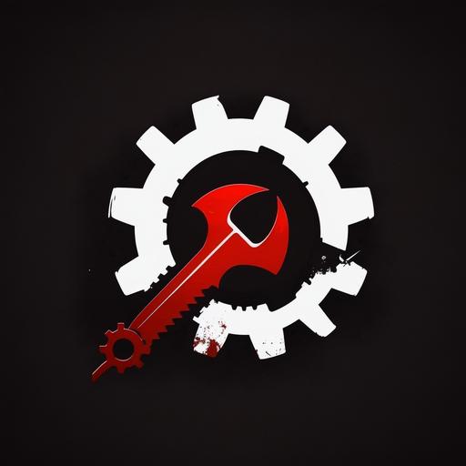 Minimalist logo, wrench, gear, black with red, factory, white background