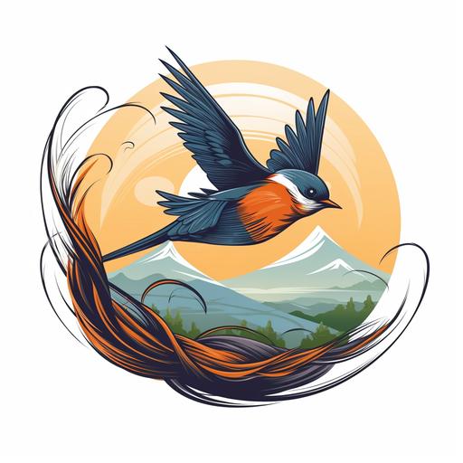 logo. bird flying. over a nest. with a sewing needle over the head. cartoon